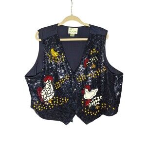 The Quacker Factory Women's Roosters Chick Chicken Sequined Vest Sz 2X Novelty